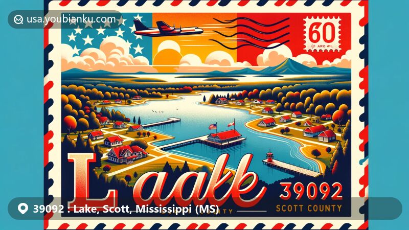 Vibrant and creative modern illustration of Lake town in Scott County, Mississippi, set against natural landscape, featuring Mississippi state flag and ZIP Code 39092. Framed within postal theme with postal symbols like stamp, postmark, and area code 601.