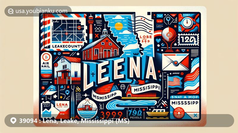 Modern illustration of Laina Town and Leake County, Mississippi, featuring Leake County Water Park and postal theme with ZIP code 39094, incorporating retro postal elements like stamps and postmarks.