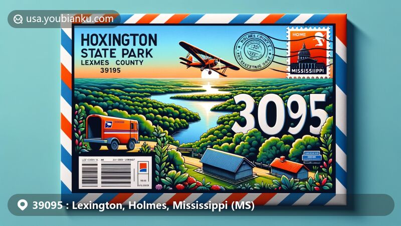 Modern illustration of Lexington, Holmes, Mississippi, celebrating ZIP code 39095 with airmail envelope showcasing Holmes County State Park, Lexington map outline, and Mississippi state flag.