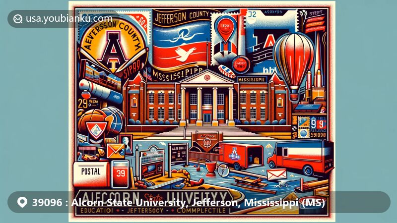 Modern illustration of Alcorn State University in Jefferson County, Mississippi, showcasing a postal theme design combining education and sports spirit, featuring entrance sign, campus buildings, Davey Whitney Complex, state flag, local landscapes, and a postal stamp with ZIP code 39096, encapsulated in a postal postcard frame.