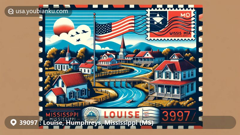 Modern illustration of Louise, Humphreys County, Mississippi, showcasing postal theme with ZIP code 39097, featuring Silver Creek, Mississippi state flag, and vintage postal elements.
