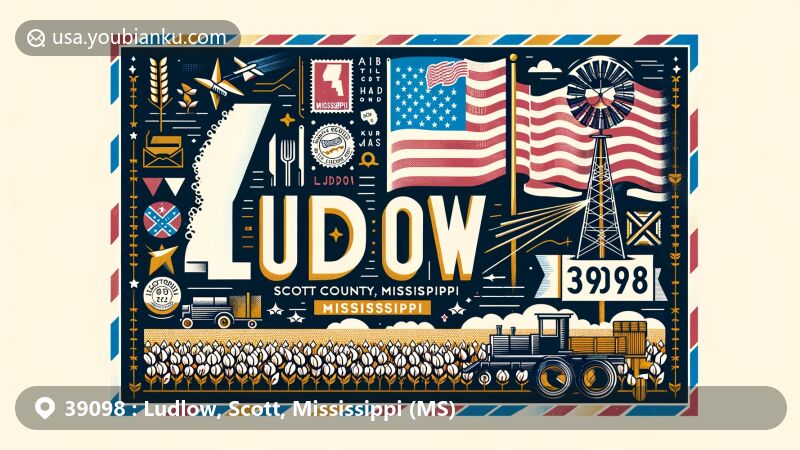 Modern illustration of Ludlow, Scott County, Mississippi, showcasing postal theme with ZIP code 39098, featuring iconic state symbols like the flag and local charm of Ludlow, including elements like cotton fields and the Mississippi River.