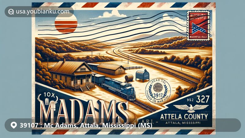 Modern illustration of McAdams, Attala County, Mississippi, highlighting postal theme with ZIP code 39107, featuring Mississippi Highway 12 and Natchez Trace Parkway.