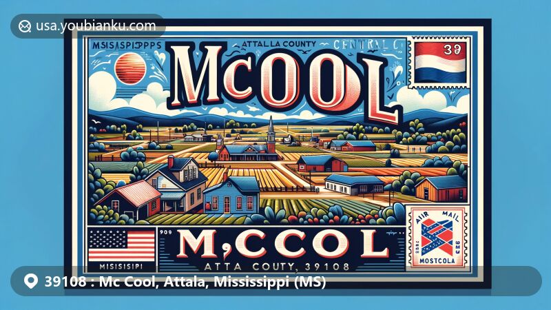 Modern illustration of McCool, Attala County, Mississippi, showcasing postal theme with ZIP code 39108, featuring rural landscape and local charm, including county outline and possible landmarks.