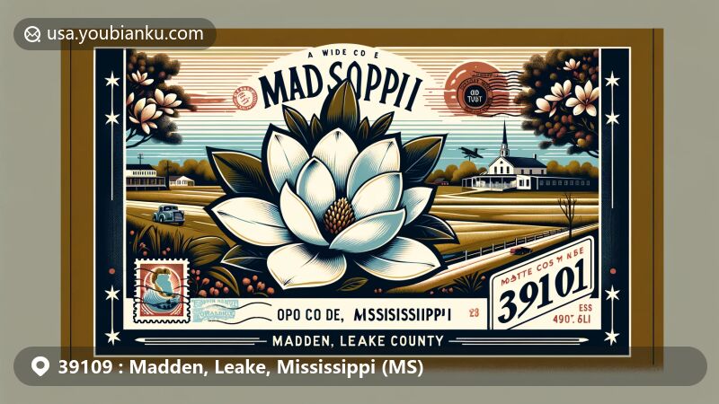 Modern illustration of Madden, Leake County, Mississippi, highlighting postal theme with ZIP code 39109, featuring white magnolia flower and new state flag design, capturing the rural beauty and cultural heritage.