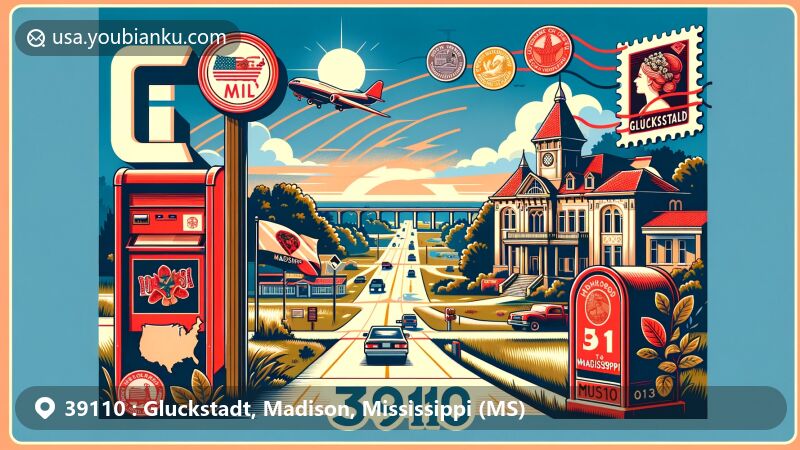 Modern illustration of Gluckstadt, Madison County, Mississippi, featuring postal theme with ZIP code 39110, showcasing iconic postal symbols and cultural elements of the area.
