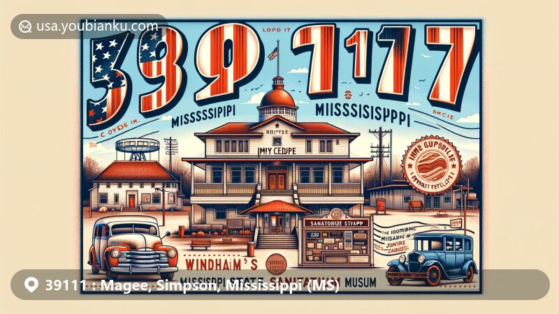 Modern illustration of Magee, Mississippi, representing ZIP code 39111 with elements like the State Sanatorium Museum, local culture, and postal themes.