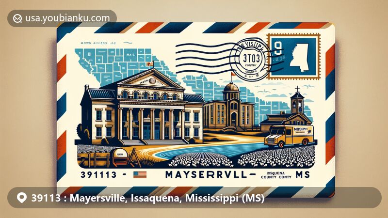 Modern illustration of Mayersville, Issaquena County, Mississippi, featuring a detailed airmail envelope with iconic symbols of the town's agricultural heritage, Mississippi River, and Issaquena County map.