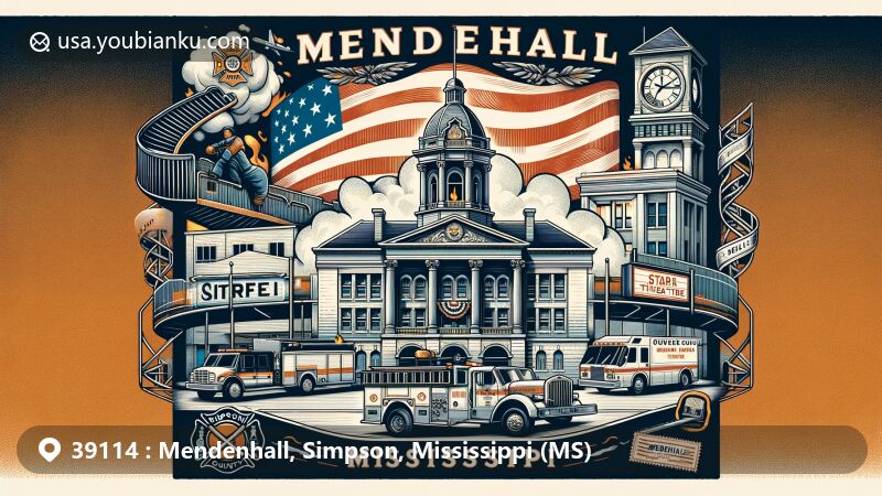 Vibrant illustration of Mendenhall, Simpson County, Mississippi, featuring courthouse, volunteer fire department, Star Theatre, and Mississippi state flag, set in a vintage airmail theme with ZIP code 39114.