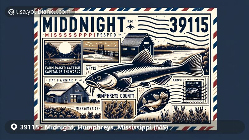 Modern illustration of Midnight, Humphreys County, Mississippi, showcasing catfish farming heritage and Mississippi Delta landscape with subtle nod to EF4 tornado resilience.