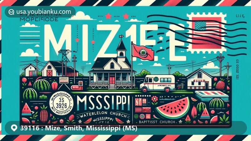 Creative postcard design showcasing the essence of Mize, Mississippi, ZIP code 39116, featuring Mississippi Watermelon Festival, Mize Methodist Church, Mize Baptist Church, and state symbols.