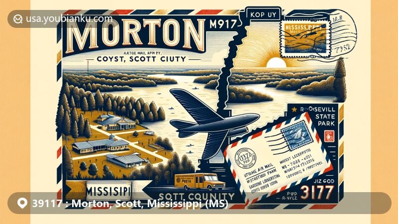Modern illustration of Morton, Scott County, Mississippi, featuring ZIP code area 39117, highlighting Roosevelt State Park and Bienville National Forest.