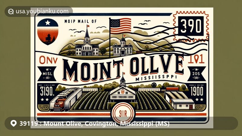 Modern illustration featuring ZIP code 39119 in Covington County, Mount Olive, Mississippi, with vintage air mail envelope design highlighting town's agricultural heritage and community spirit, incorporating Mississippi state flag and county outline.