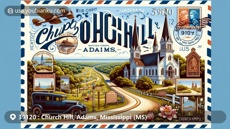 Modern illustration of Church Hill, Adams, Mississippi, with postal theme and ZIP code 39120, showcasing Natchez Trace Parkway, St. Mary Basilica, and Mississippi cultural symbols.