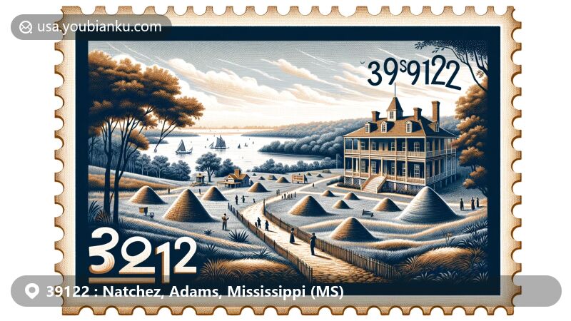 Modern illustration of Natchez, Adams County, Mississippi, featuring Mississippi River, Grand Village of the Natchez Indians, antebellum mansion, and Natchez Trace elements, with postal theme and vintage postage stamp frame.