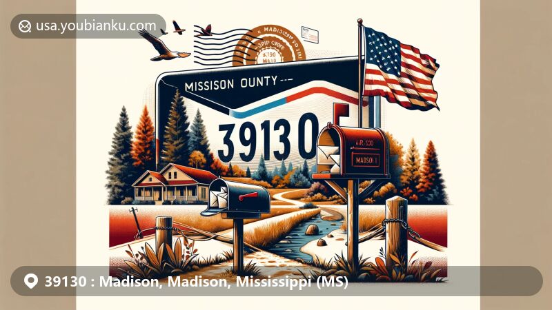 Modern illustration of Madison, Madison County, Mississippi, highlighting postal theme with ZIP code 39130, featuring air mail envelope, Mississippi state flag, Simmons Arboretum, and red mailbox.