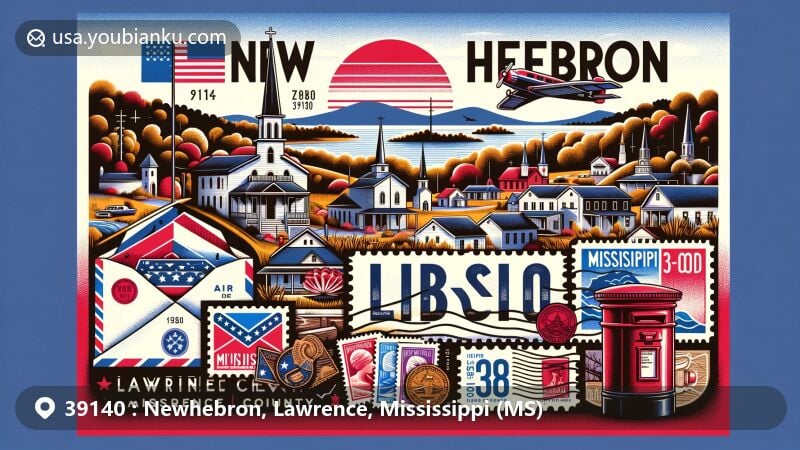 Modern illustration of New Hebron, Mississippi, showcasing postal theme with ZIP code 39140, featuring Lawrence County outline, Mississippi state flag, local churches, vintage postcard design, air mail envelope, state flag stamps, postmark, and red mailbox.