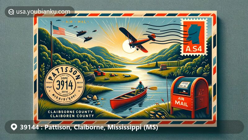 Modern illustration of Pattison, Claiborne County, Mississippi, featuring vintage air mail envelope with postal theme, lush rolling hills, fishing scene, kayak on river, and Mississippi state flag.