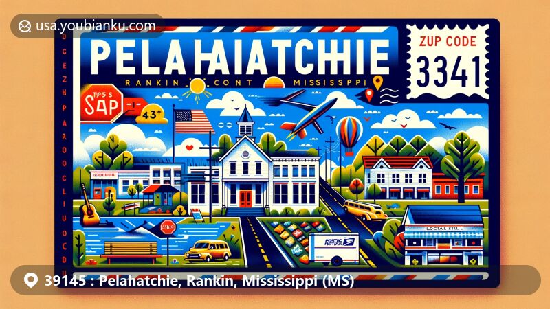 Modern illustration of Pelahatchie, Rankin County, Mississippi, resembling an airmail envelope with postal theme and ZIP code 39145, celebrating small-town charm, educational significance, natural beauty, and community diversity.