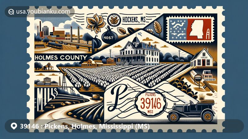 Modern illustration of Pickens area, Mississippi, highlighting postal theme with ZIP code 39146, featuring symbolic elements of Holmes County's agricultural history, Big Black River, Mollie Clark House, and Mississippi state symbols.