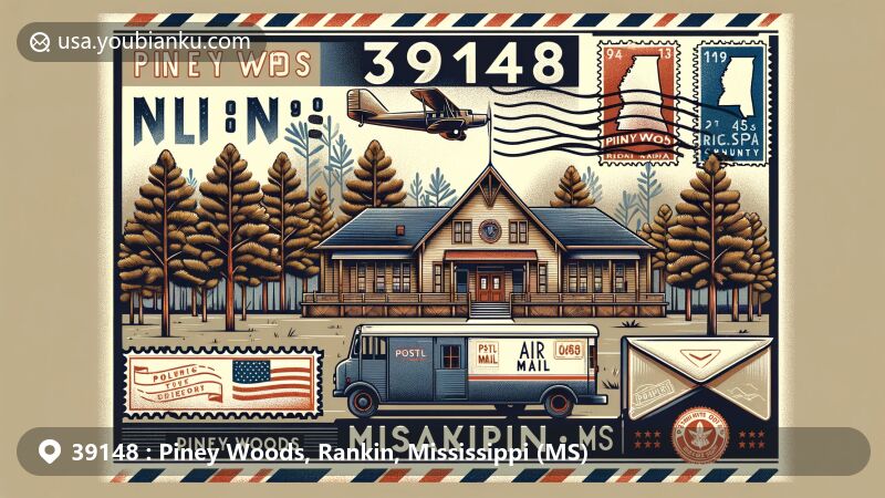Modern illustration of Piney Woods, Rankin County, Mississippi, highlighting Piney Woods Country Life School and surrounding pine trees, with Mississippi state flag and Rankin County outline in the background.