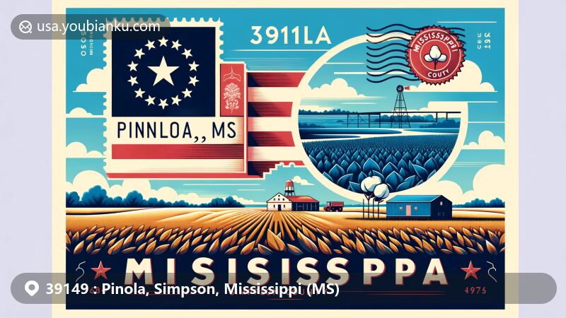 Modern illustration of Pinola, Mississippi, featuring a postcard design with '39149, Pinola, MS', showcasing the state flag of Mississippi and the outline of Simpson County, incorporating postage stamp and postmark elements depicting agricultural scenes like cotton fields, surrounded by blue sky and vast fields, reflecting the natural beauty of the Southern United States.