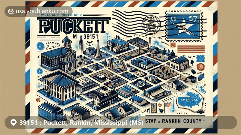 Modern illustration of Puckett, Mississippi, showcasing postal theme with ZIP code 39151, featuring Rankin County symbols and community life elements.