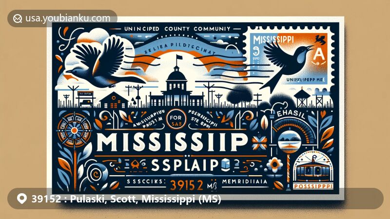 Modern illustration of Pulaski, Scott County, Mississippi, featuring unique elements like the state flag, silhouette of Scott County, and symbols of Pulaski's unincorporated community status.