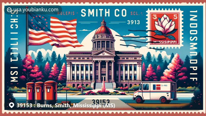 Modern illustration of Bienville, showcasing postal theme with ZIP code 39153, featuring local landmarks and cultural symbols.