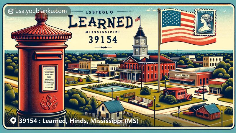 Modern illustration of Learned, Hinds County, Mississippi, featuring a postal theme with ZIP code 39154, showcasing the small-town charm and landscape, including the Mississippi state flag and postal elements.