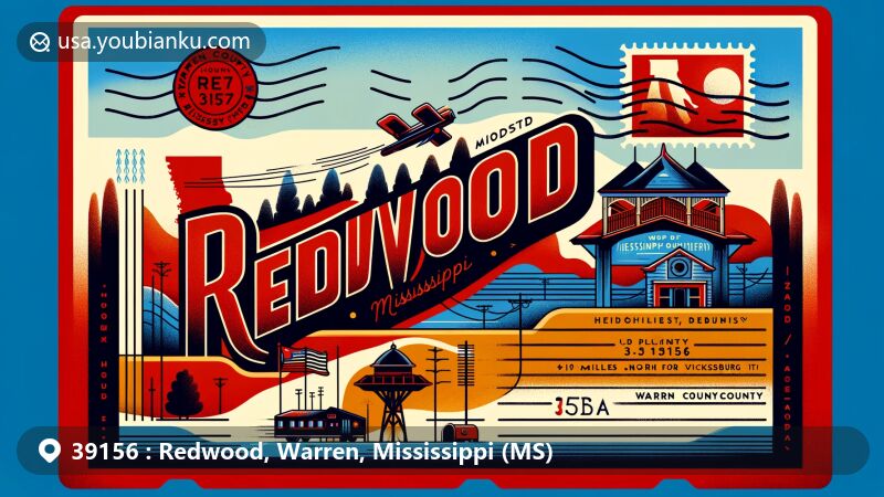 Modern illustration of Redwood, Mississippi, showcasing postal theme with ZIP code 39156, featuring historical Fort Saint-Pierre, Warren County symbols, vintage postal elements, and creative depiction of Redwood's unique characteristics.