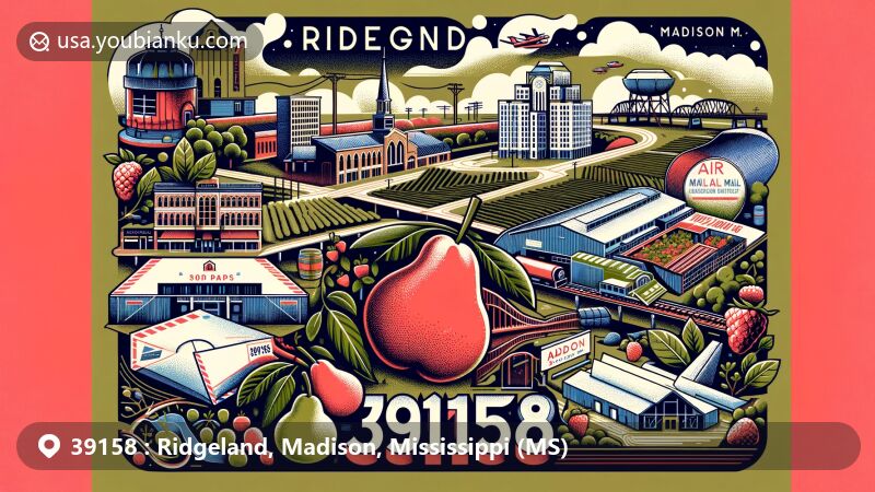 Modern illustration of Ridgeland, Madison County, Mississippi, resembling a postcard or air mail envelope, featuring Ross Barnett Reservoir, pears, strawberries, Northpark Mall, railroad, Chapel of the Cross, with vibrant colors and postal elements.