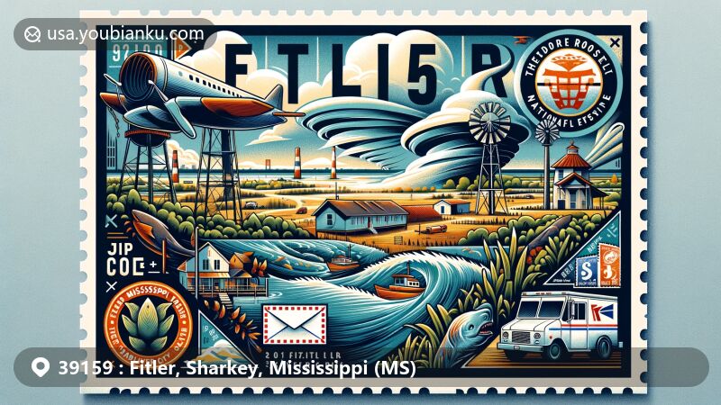 Modern illustration of Fitler, Sharkey County, Mississippi, featuring ZIP code 39159, showcasing Delta National Forest and Theodore Roosevelt National Wildlife Refuge.