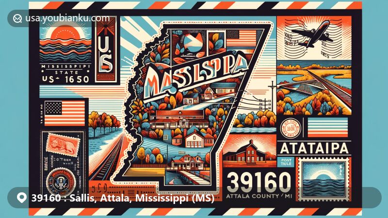 Modern illustration of Sallis, Attala County, Mississippi, designed for ZIP code 39160, combining vintage postcard theme with Mississippi State outline, postal elements, and town symbolism.