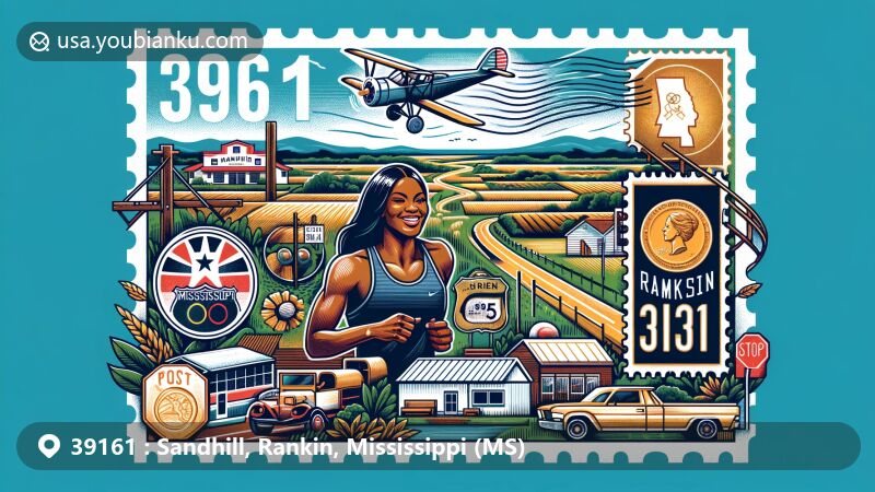 Modern illustration of Sandhill, Mississippi, representing ZIP code 39161 and celebrating its rural charm, natural beauty, and connection to Mississippi Highway 25. Includes references to Tori Bowie's achievements, postal motifs like air mail envelope, post stamp, and empowered design elements.
