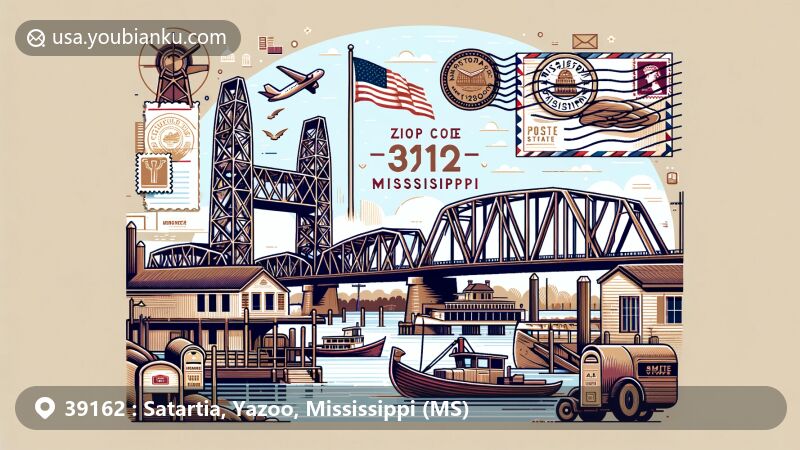 现代插图，展示印第安纳州克劳福德县霍格敦，突出以47140邮政编码为主题，包括马伦戈洞穴和印第安纳州象征。