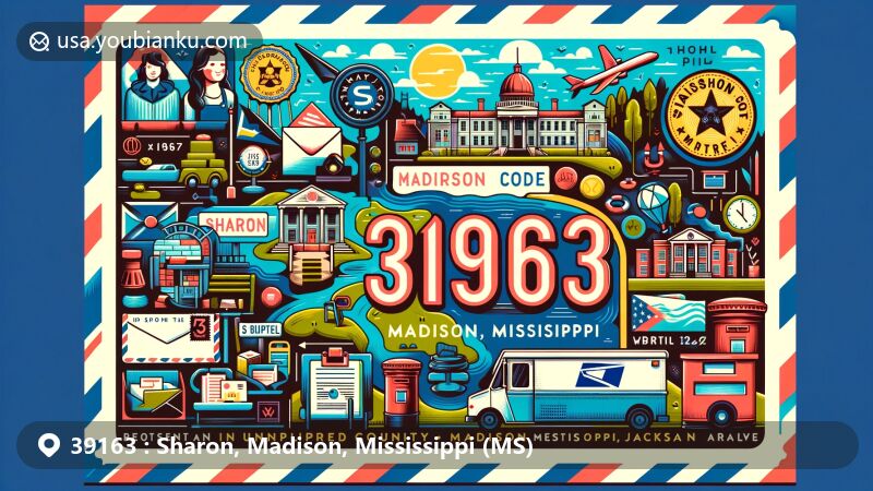 Modern illustration of Sharon, Madison County, Mississippi, featuring postal theme with ZIP code 39163, highlighting local history and community spirit.