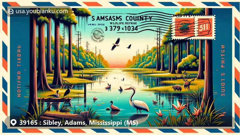 Modern illustration of the Sibley area in Adams County, Mississippi, with ZIP code 39165, featuring St. Catherine Creek National Wildlife Refuge, Mississippi state flag, and local wildlife.