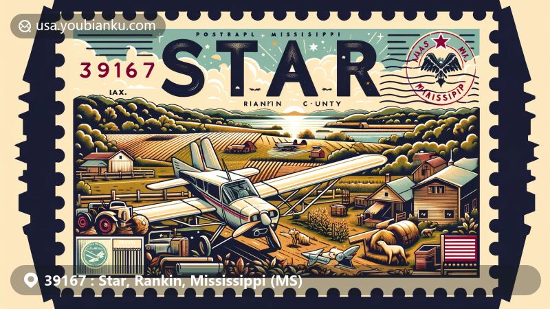 Modern illustration of Star, Rankin County, Mississippi, showcasing the rural charm with rolling hills and farmland, integrated with aviation-themed element representing outdoor activities like camping, fishing, and hiking.