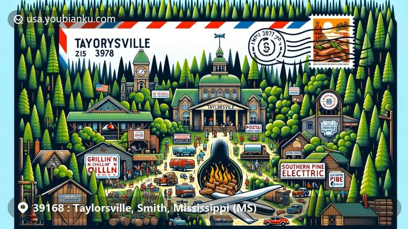 Modern illustration of Taylorsville, Mississippi, highlighting pine forests, lumber industry, and Grillin' N Chillin' BBQ festival, with a creative air mail envelope showing ZIP code 39168 and postal elements.