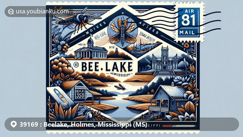 Modern illustration of Beelake, Holmes County, Mississippi, representing ZIP code 39169, showcasing Holmes County State Park, Bee Lake, historic landmarks, Mississippi Delta landscape, and Mississippi Blues Trail marker.