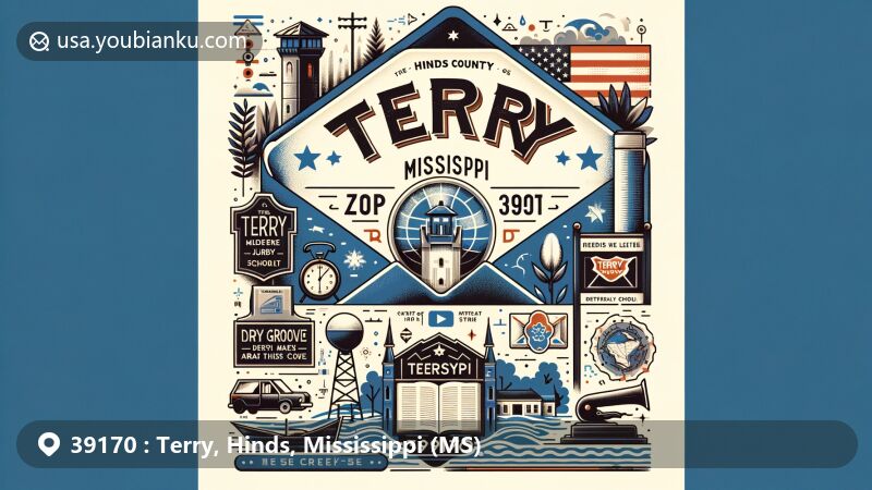 Modern illustration of Terry, Mississippi, showcasing postal theme with ZIP code 39170, featuring historical marker honoring W.D. Terry, Hinds County outline, Mississippi state flag, educational symbols, and natural elements.