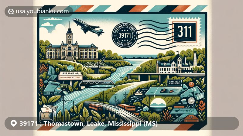 Modern illustration of Thomastown, Leake County, Mississippi, highlighting ZIP code 39171 with creative postal theme, vintage airmail envelope, Mississippi greenery, Highway 43 symbol, Natchez Trace Parkway, Mississippi map, and Carthage landmark stamp.