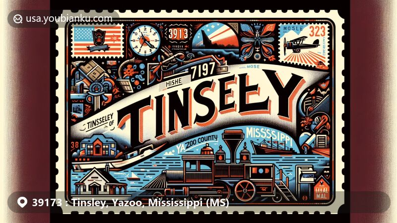 Modern illustration of Tinsley, Mississippi, 39173, showcasing postal theme with vintage state flag stamp, CSS Arkansas symbol, Yazoo River, and Tinsley Oil Field, reflecting Civil War history and postal motifs.