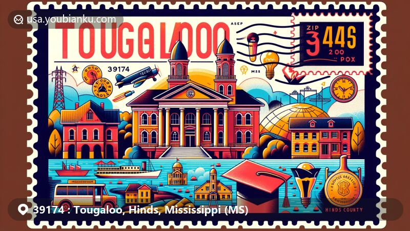 Modern illustration of Tougaloo, Mississippi, featuring Tougaloo College, Woodworth Chapel, The Mansion, Big Black River, and Pearl River, with symbols of education like books and graduation cap, and a postal theme with vintage air mail envelope, post stamp of ZIP Code 39174, and postmark for Tougaloo, MS.