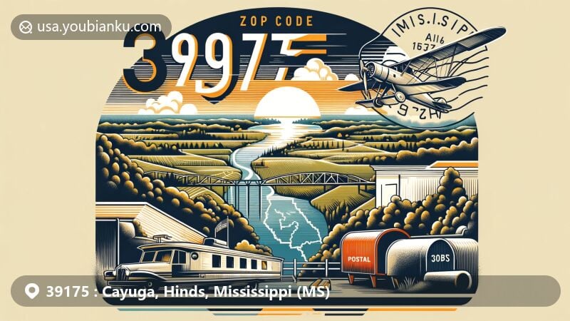 Illustration of Cayuga area in Hinds County, Mississippi, highlighting postal theme with vintage air mail envelope displaying ZIP code 39175 and elements like state flag, postal mark, and red mailbox.