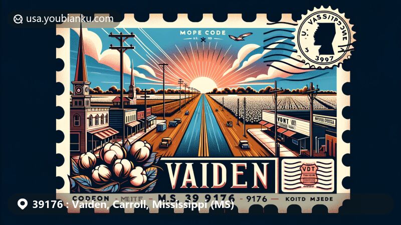 Modern illustration of Vaiden, Carroll County, Mississippi, with ZIP code 39176, featuring U.S. Route 51 and vintage postcard design, incorporating iconic town symbols and historical references.