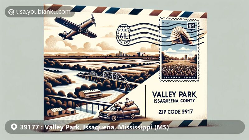Modern illustration of Valley Park, Issaquena County, Mississippi, showcasing postal theme with ZIP code 39177, featuring Aden Archaeological Site and the Mississippi River.
