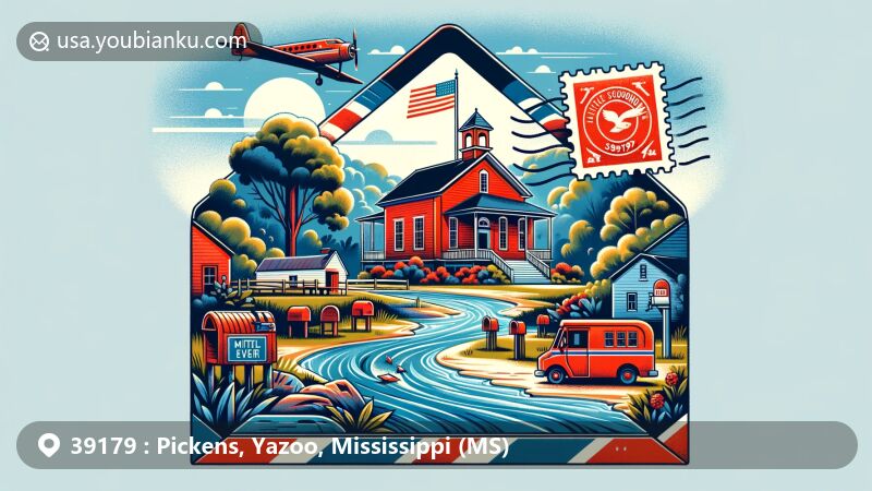 Modern illustration of The Little Red Schoolhouse in Pickens, Mississippi, featuring airmail envelope centerpiece with wide contemporary style.