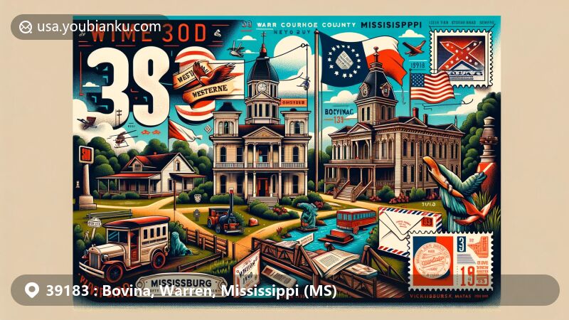 Creative illustration of Bovina, Warren County, Mississippi, highlighting ZIP code 39183, featuring Old Courthouse Museum, Balfour House, and Vicksburg National Military Park.